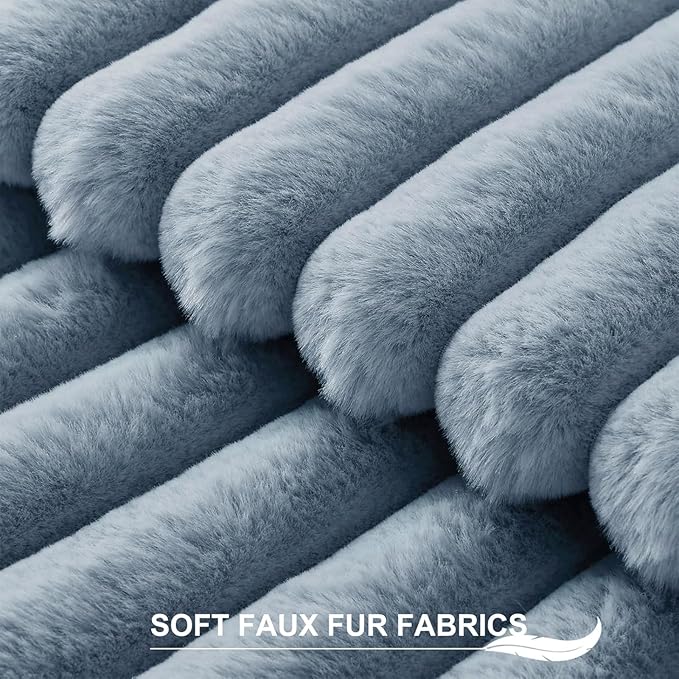 Pallene Faux Fur Plush Lumbar Throw Pillow Covers 12x20 Set of 2, Luxury Soft Fluffy Striped Decorative Pillow Covers for Sofa, Couch, Living Room, Blue Grey