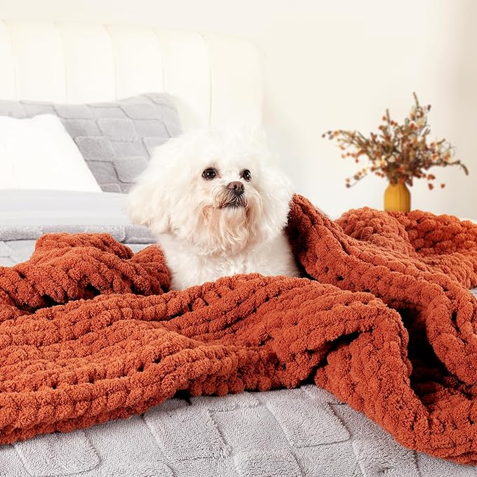 Amélie Home Chunky Knit Throw Blanket for Couch, Soft Chenille Crochet Blanket for Sofa, 50"x60", Burnt Orange