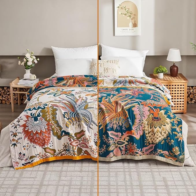 Boho Throw Blanket Farmhouse Decor Throw Blanket Bohemian Blanket for Bed 100% Cotton Muslin Woven Couch Blanket All Seasons Quilt Bedroom (Beige, 80"x90")