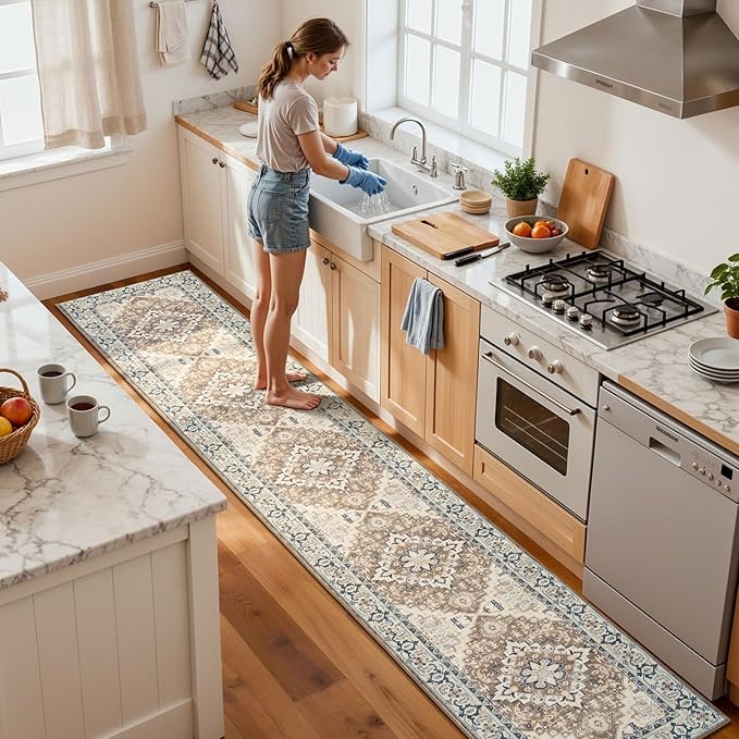 Lessymo 2 x 10 Long Runner Rug for Hallway, Washable Entryway Rugs Boho Faux Wool Low Pile Rug for Kitchen, Floral Medallion Vintage Rugs with Non-Slip Rubber, Brown Beige