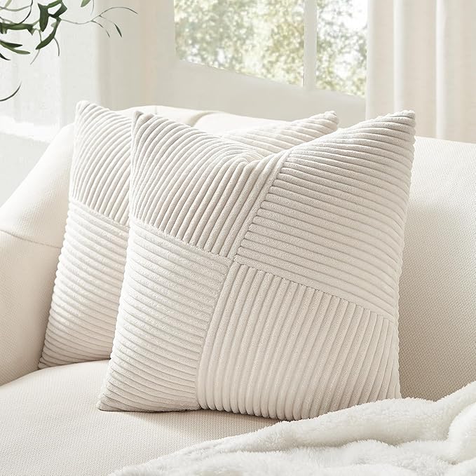 Topfinel 12x12 Inch Decorative Pillow Covers Set of 2 for Couch Sofa Bed, Soft Corduroy Striped Patchwork Cream White Throw Pillow Covers Windmill Textured Square Cushion Cases Cute Modern Home Decor