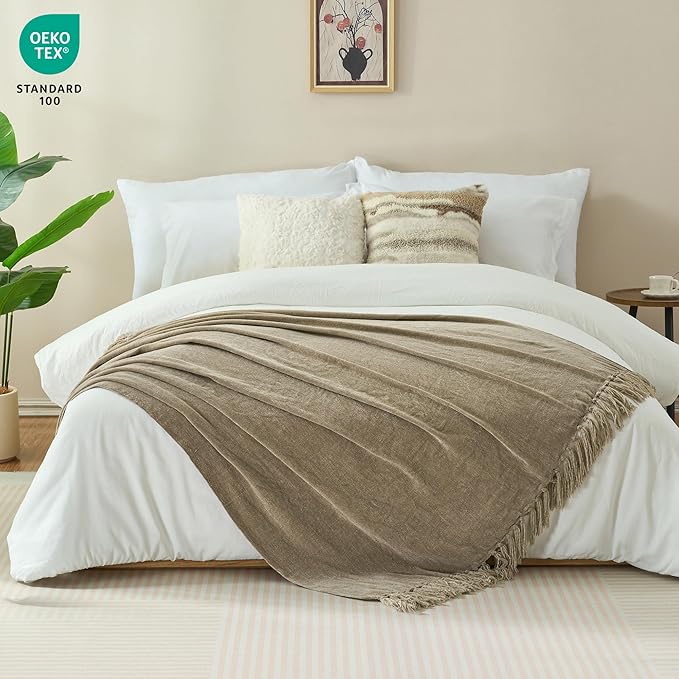 Chenille Throw Blanket for Couch with Tassels,60"X80" Soft Cozy Lightweight Knitted Boho Decorative Blankets for Bed and Sofa,Taupe