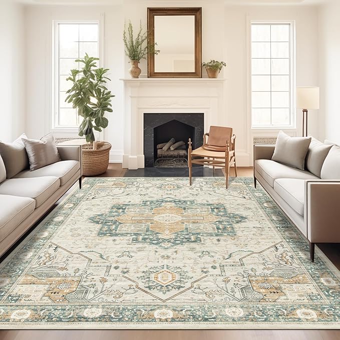6x9 Rug, Stain Resistant Washable Area Rugs with Anti-Slip Backing, Vintage Rug, Large Bedroom, Living Room Rugs, Foldable Soft Rug (Green/Light Grey, 6'x9')