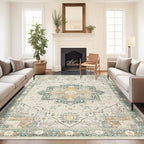6x9 Rug, Stain Resistant Washable Area Rugs with Anti-Slip Backing, Vintage Rug, Large Bedroom, Living Room Rugs, Foldable Soft Rug (Green/Light Grey, 6'x9')