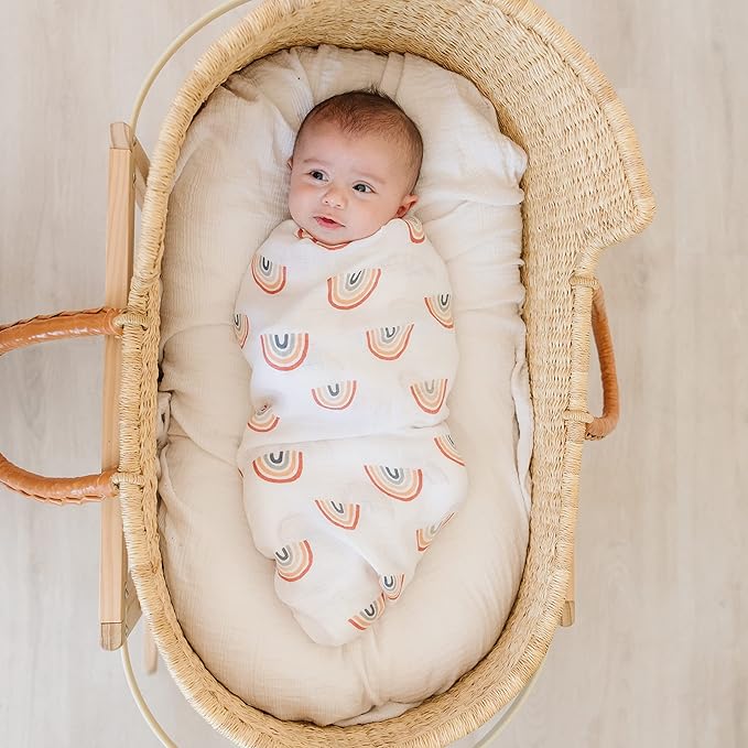 Organic Baby Muslin Swaddle Blankets for Boy or Girl - Sun and Rainbow Swaddling Blanket 2 Pack - Soft Muslin, XLarge and Breathable, Boho Baby, 47" X 47"