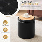 Round Ottoman with Storage Set of 2, 12.6" W x 14.17" H & 14.76" W x 17.32" H Faux Footstool Storage Ottomans for Bedroom, Living Room Padded Coffee Table Ottomen, Black