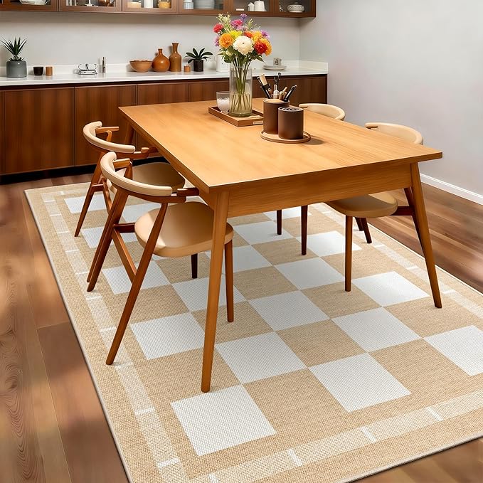 Vasofe Checkered Jute 5x7 Area Rugs, Washable Outdoor Patio Rug for Living Room Bedroom Indoor Carpet, Non Slip Modern Farmhouse Neutral Geometric Rugs Office Porch Dining Room Mat, Khaki and White
