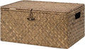 StorageWorks Wicker Baskets with Lid for Organizing, Seagrass Storage Baskets for Shelves, Decorative Box with Built-in Handles, Brown, Large, 1 Pack