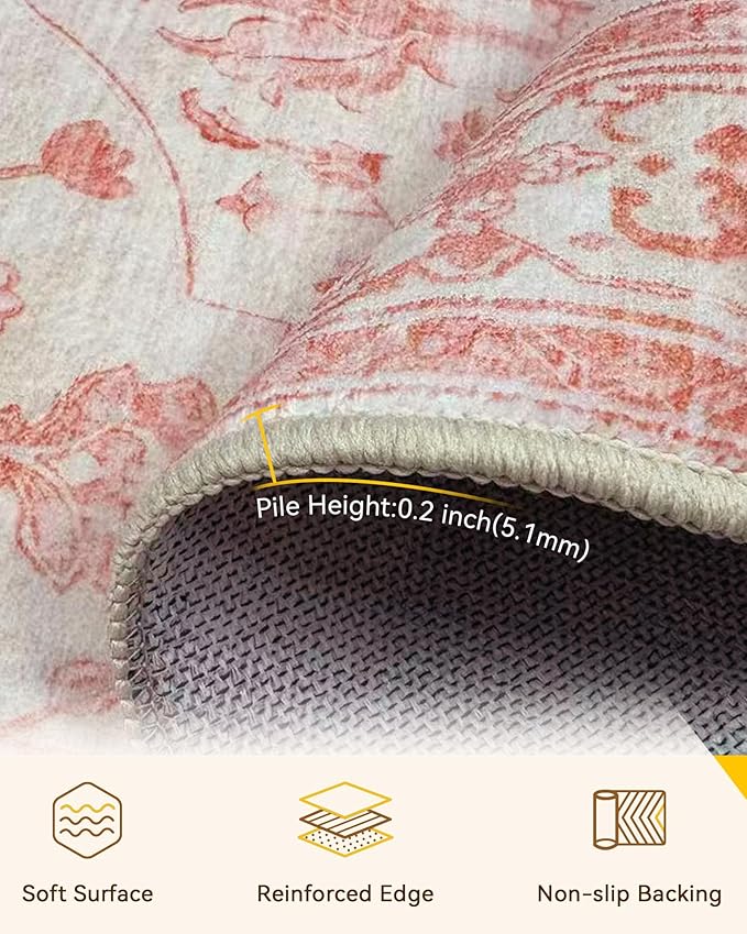 Area Rugs 4'x6' Washable Non-Slip, Floral Vintage Distress Print Pattern Medallion Carpet for Living Room Bedroom Dining Room, Pink Light Vintage Pink