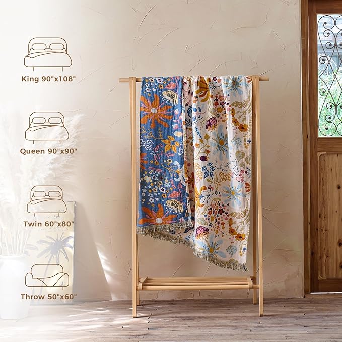 Boho Throw Blanket with Florals & Leaves Embroidery Reversible Lightweight Cotton Gauze Throws for Couch,Bed,Sofa & Chair Decor - Bohemian Living Room Accent Gift 60"x80"