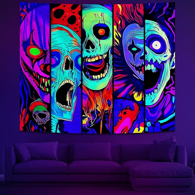 Atrippy Blacklight Halloween Horror Wall Decor Tapestry for Bedroom, UV Reactive Skull Skeleton Tapestries, Black Light Gothic Face Neon Aesthetic Wall Hanging for Dorm Living Room 60x79 Inches
