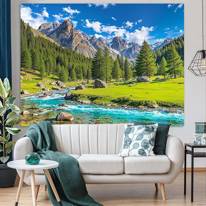 Accnicc Nature Forest Mountain Tapestry Green Pine Tree Wall Tapestry for Bedroom Aesthetic River Landscape Small Tapestries Wall Hanging for Dorm Living Room Decor 60 x 44 Inch