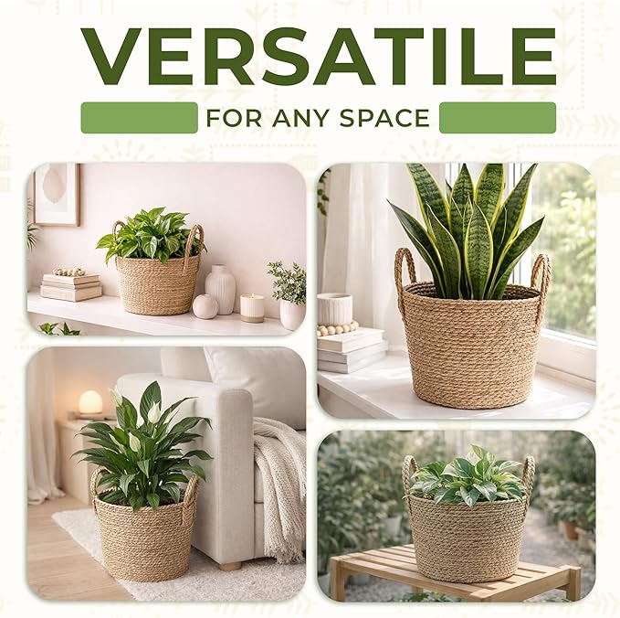 Set of 2 Woven Seagrass Planter Baskets with Handles – Handwoven Plant & Flower Pots for Indoor or Outdoor Use, Natural Straw Storage Baskets for Laundry Room, Living Room & Home Decor