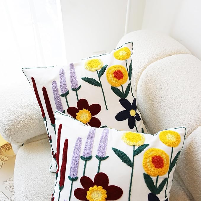 Embroidered Throw Pillow Cover Boho Floral Pillow Covers for Couch Sofa Botanical Leaves Cotton Linen Bohemian Pillow Covers 3D Big Flowers Multicolor 2PCS Pillowcase Covers 18x18 Inch