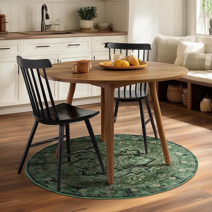 Green Round Rugs 4ft for Bedroom Living Room, Low Pile Thin Washable Entryway Area Rugs Non Slip, Traditional Medallion Printed Circle Carpet for Kitchen Dining Room
