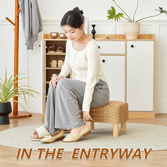 Ottoman Foot Stool Rectangular Footrest Natural Seagrass Footstool with Wooden Legs Hand Weave Multifunctional Modern Dressing Stool, Sofa Side Table for Bedroom for Living Room (Nature)