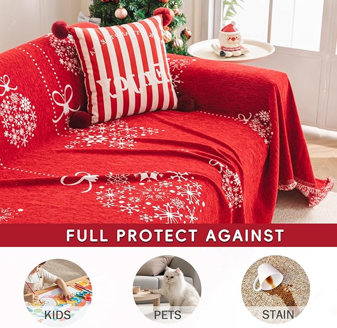 hyha Couch Cover for Dogs, Boho Sofa Covers for 3 Cushion Couch Washable, Chenille Sofa Slipcover for Pets, Soft Loveseat Sectional Couch Throw Blankets with Tassels (Red Snowflakes,88.5x134 Inch)
