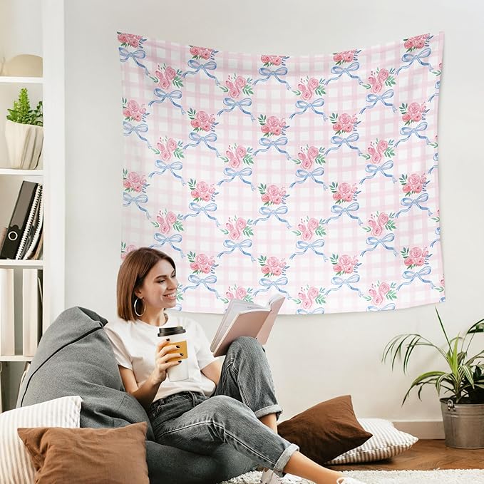 WARDOS Coquette Blue Bow Tapestry, Coquette Room Decor, Preppy Pink Rose Floral Tapestry, Cute Preppy Room Decor Teen Girls, Girly Bedroom Decor, Coquette Stuff, 50x60 Inch
