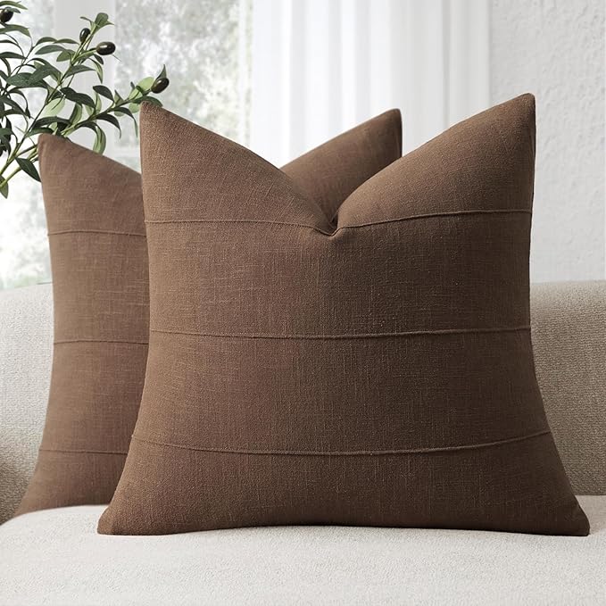 ZWJD Decorative Linen Throw Pillow Covers 16x16 Set of 2 Solid Handcrafted Striped Cushion Covers for Bed Soft Modern Farmhouse Neutral Pillowcase for Couch Bedroom Living Room Home Decor(Brown)