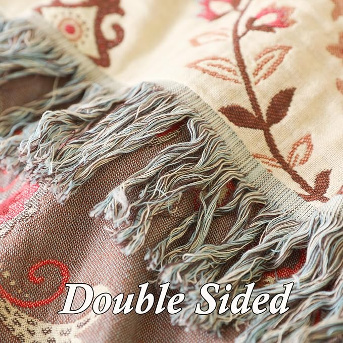Snycler Boho Throw Blanket for Bed - 100% Cotton Ultra Soft Rustic Quilt - Pink Boho Floral Printed Farmhouse Decor Bed Blankets, 60"×80" All Season Rustic Throw for Sofa Couch Chair