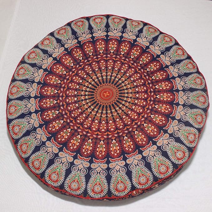 Indian Mandala Large Floor Pillow Home Car Bed Sofa Decor Cotton Floor Cushion Bohemian Meditation Pillow Case Ottoman Pouf Cover 35 x 35 Round Pouf, Decorative Mandala Pillow Sham