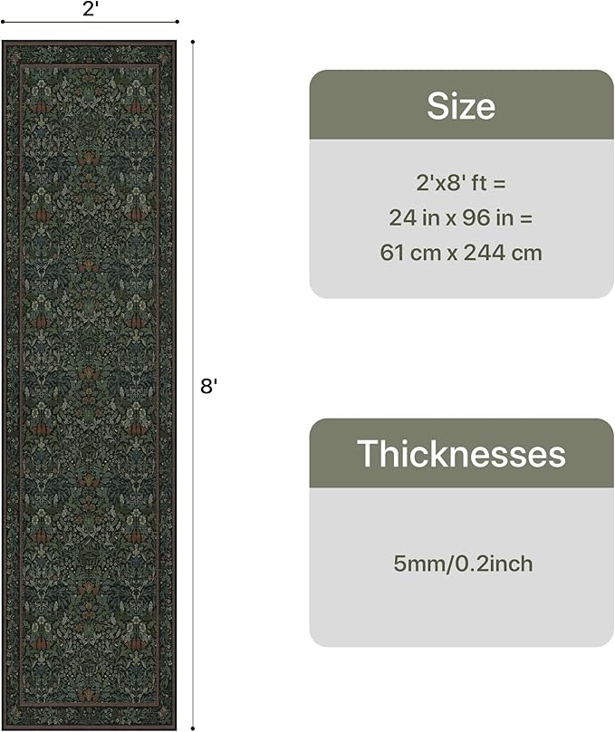 GENIMO Washable Floral Runner Rug 2x8, Non-Slip Long Hallway Carpet for Entryway, Kitchen, Indoor Floor Use, Vintage Boho Soft Thin Rug Décor, Dark Green