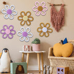 Ripeng 6 Pcs Boho Nursery Decor Flower Daisy Wall Art 6 Inch Woven Macrame Wall Hanging Bohemian Flower Decor Daisy Nursery for Baby Girls Kids Home Bedroom(Vintage Color)