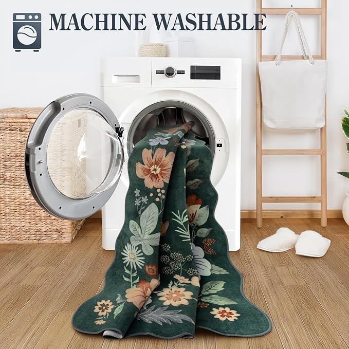 Lahome Floral Green Rugs for Entryway, 2X3 Washable Kitchen Rugs Non Slip Soft Rug, Ultra-Thin Indoor Door Mat Boho Small Throw Carpet for Bathroom Bedroom Flore (2x3ft, Dark Green)