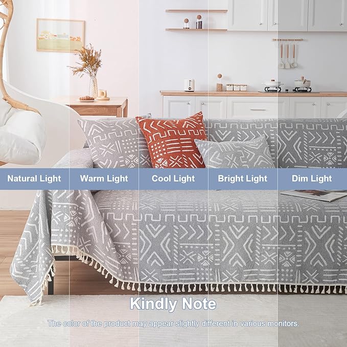 VClife Bohemian Couch Cover Sectional Sofa Cover Washable for L Shape Sofa, 1 PC Soft Chenille Couch Cover for 2 Cushion Couch - Boho Gray White Jacquard Loveseat Slipcover for Couch Bed, 71" x 118"