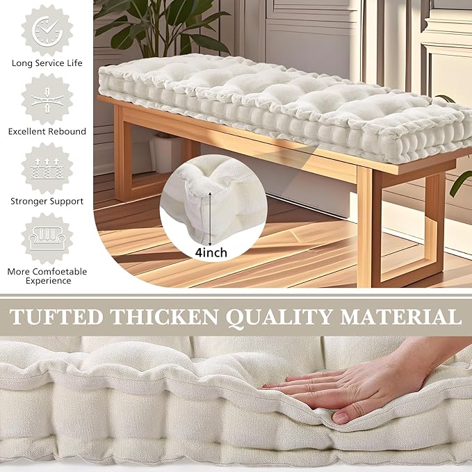 Geelin 40x20 Inch Bench Cushions for Indoor Furniture Chenille Velvet Beige Button Tufted Thicken Seat Pad Mat with Memory Foam, Window Floor Sofa Chair Cushion for Living Room Patio Porch Swing