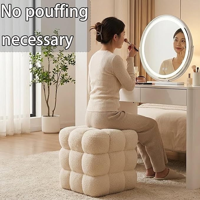 17''3 Square Ottoman Pouf Installed,Sturdy Wooden Frame,Capacity 330 lbs,Modern Sofa Stool Fuzzy Sherpa Footstool,Foot Rest,Cube Boucle,Vanity Stool,for Couch Living Room(Peach Fur)