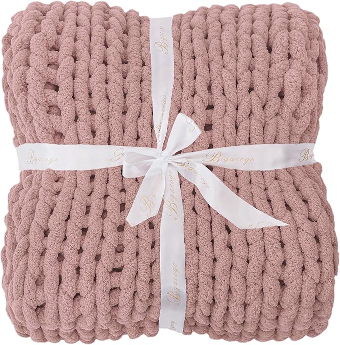 Bigacogo Chunky Knit Throw Blanket for Couch, 40x60 inches, 100% Hand Knitted with Thick Jumbo Chenille Yarn, Cozy Soft Large Rope Knot Cable Crochet Blankets for Sofa Bed Living Room, Dusty Pink