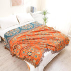 Boho Throw Blanket for Chair, 100% Cotton Woven Rustic Quilt with Tassel 50”x60”, Super Soft Muslin Blanket with Floral, Decorative Reversible Bed Blanket/Sofa Cover for All Seasons- Orange