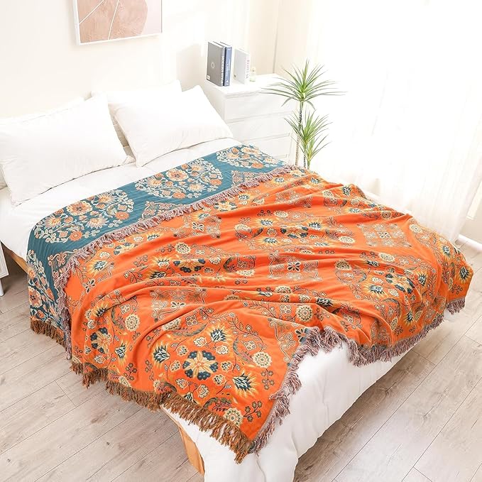 Throw Blankets Queen Size for Bed Couch,100% Cotton Soft Lightweight Blanket Rustic Quilt -Orange Floral Printed Farmhouse Decor Bed All Season Blankets,80"×90"
