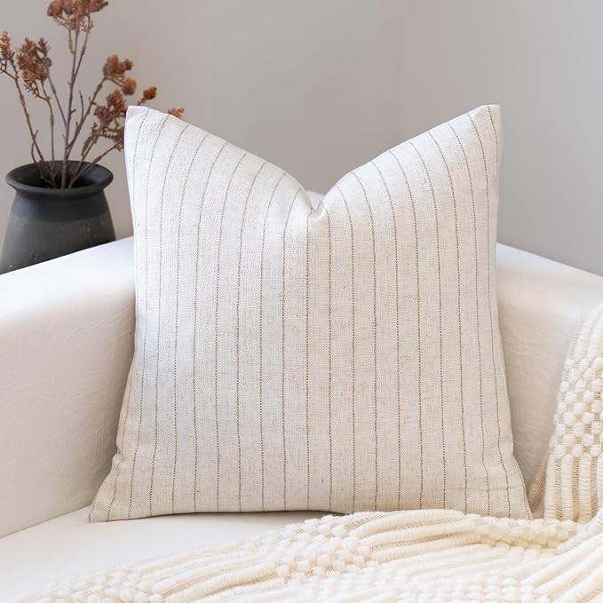 Decorative Neutral Throw Pillow Covers 18x18 Farmhouse Pillow Covers Cotton Stripe Cushion Covers Home Decor for Sofa Couch Living Room Bedroom 1PC, Pinstripe