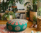 Turquoise Round Velvet Pouf Cover - Soft Embroidered Ottoman Slipcover with Moroccan Design, 24 Inch Diameter, Ideal for Living Room, Bedroom, or Meditation Space -Decorative Floow Pillow Cushion