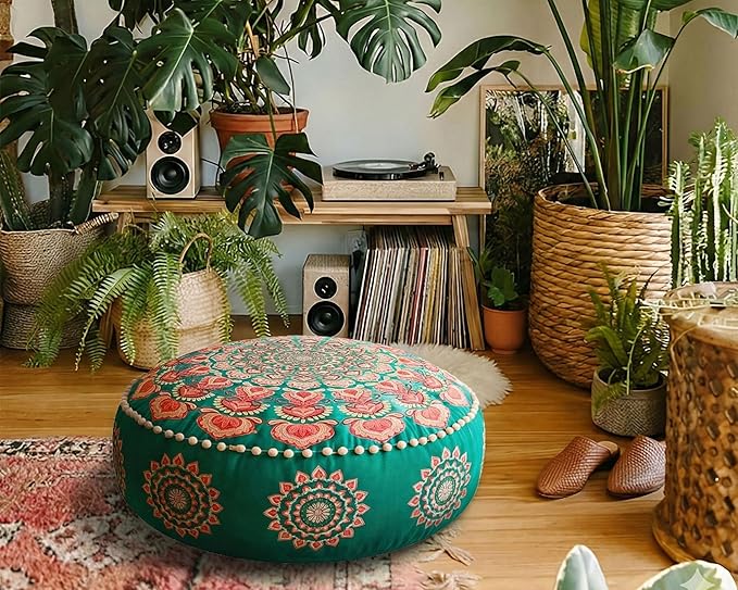 Turquoise Round Velvet Pouf Cover - Soft Embroidered Ottoman Slipcover with Moroccan Design, 24 Inch Diameter, Ideal for Living Room, Bedroom, or Meditation Space -Decorative Floow Pillow Cushion