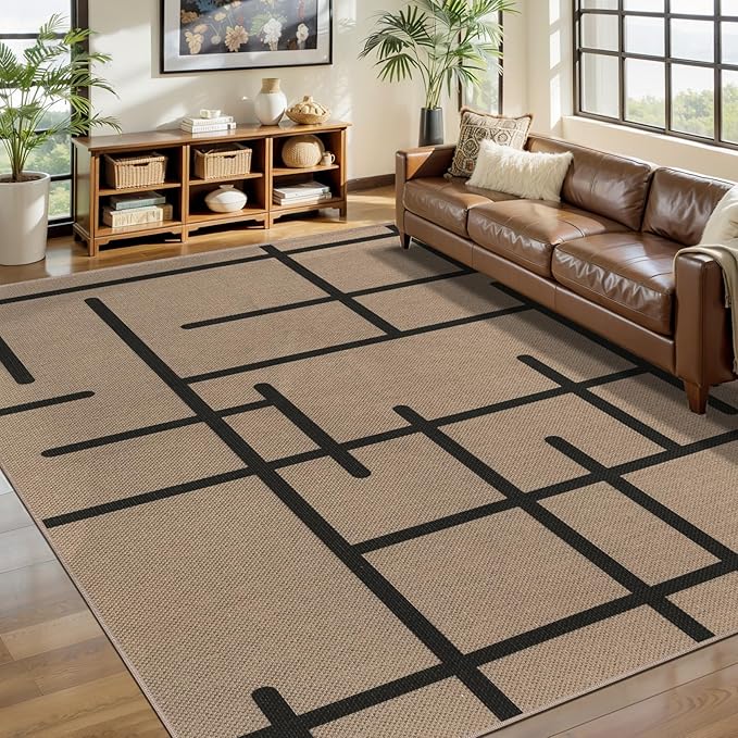 Tangsoo Modern Easy Jute Rug 5x7 Large Washable Area Rugs for Dining Room Table,Non-Slip Thin Stripe Indoor Outdoor Rug,Farmhouse Natural Throw Mat for Living Room Office Backyard Patio Bedroom
