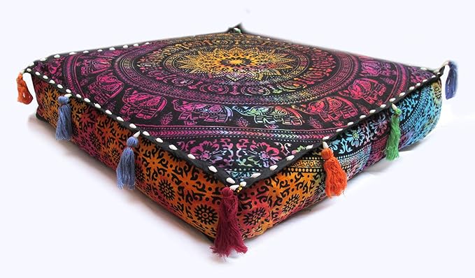 Large Hippie Mandala Round Floor Pillow Cover Ottoman Pouf Cover Daybed Cotton Cushion Cover with Heavy Duty Zipper Seating Ottoman Poufs Dog-Pets Bed (MUlti Elephant Flower, 18" Square)