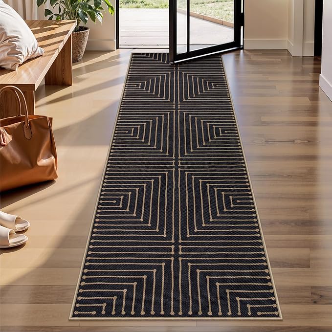 Lahome Neutral Geometric Kitchen Rugs, 2x8 Washable Entryway Hallway Runner Rug Non Slip, Farmhouse Rhombus Low Pile Non Shedding Black Indoor Outdoor Carpet Runner for Laundry Room