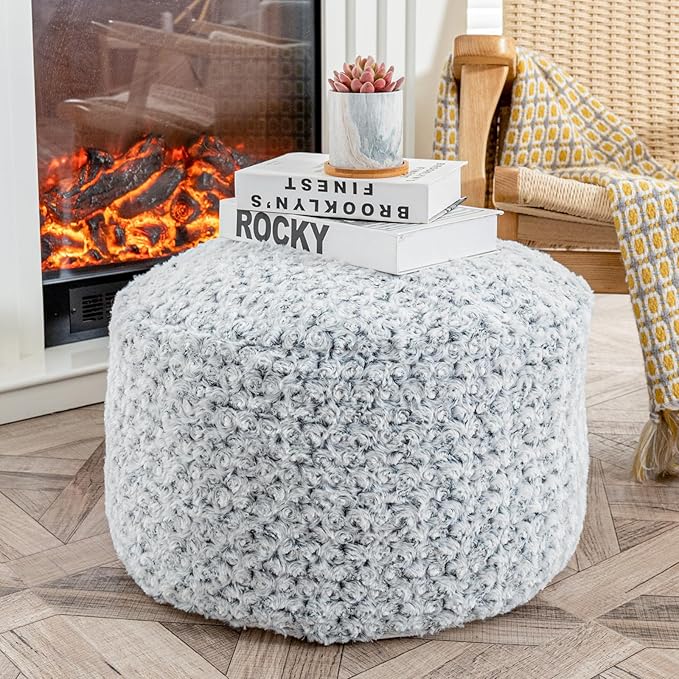 Round Pouf Ottoman Stuffed Floor Foot Stool Floor Pouf Chair for Living Room Bedroom One Piece High Resiliency Foam Ottoman Foot Rest for Couch 20 Diameter x12 Inch Height Gray White Pouf with Filler
