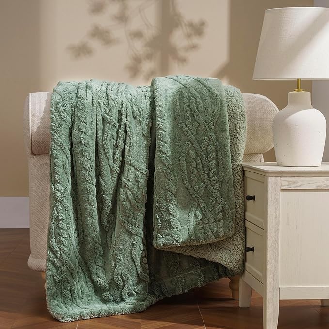 EverGrace Classic Cable Jacquard Sherpa Fleece Throw Blanket for Couch, Soft Cozy Fuzzy Plush Blankets for All Seasons, Reversible Thick Warm Blanket for Bed, Sofa, Living Room, Sage Green, 50" x 60"