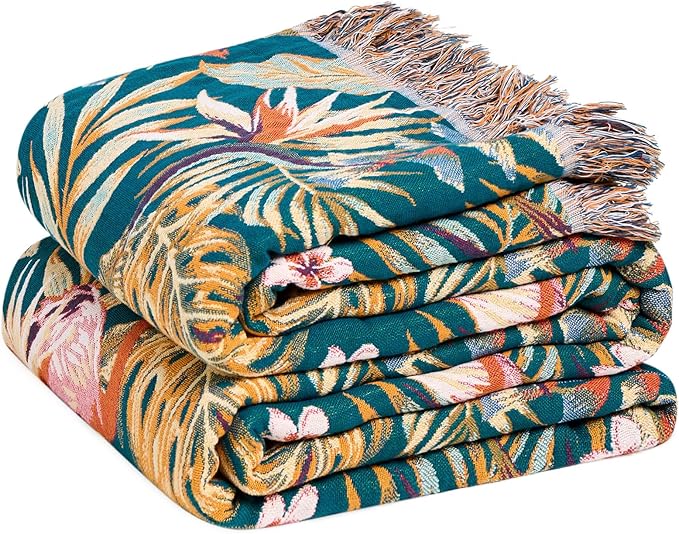 Boho Throw Blanket for Bed Cotton Spring Blankets Bedroom Living Room Twin All Season Lightweight Forest Embroidery Quilt for Couch Sofa Chair 60"x80"