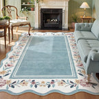 Lahome Floral Blue 8x10 Rugs for Living Room, Scalloped Washable Boho Area Rug Non Slip Vintage Low Pile Large Rug for Bedroom, Farmhouse, Dining Room, Kids Playroom Ariele