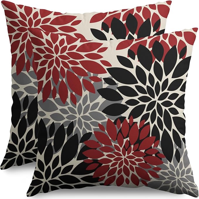 Black Red Pillow Covers 18X18 Inch Set of 2, Spring Summer Floral Dahlia Flower Cream Decorative Throw Pillow Covers Outdoor Modern Farmhouse Cushion Case for Home Couch Sofa Bed Decor