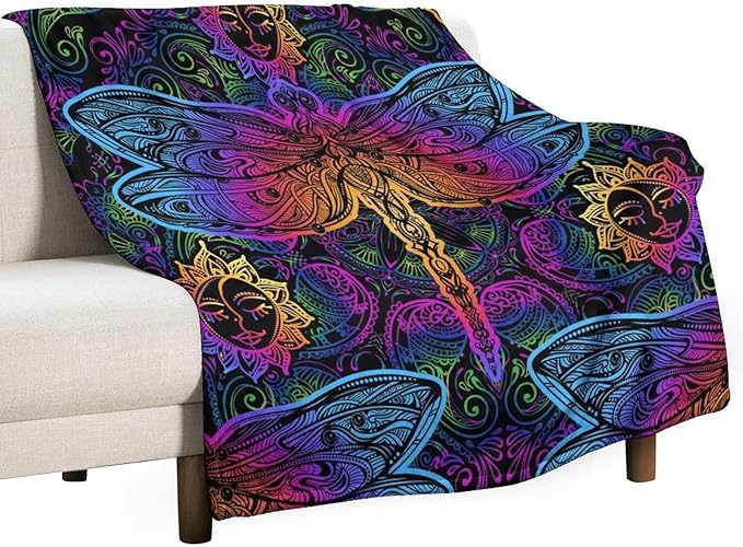Mandala Boho Throw Blanket Colorful Dragonfly Sun Bohemian Blanket for Sofa Bed Couch Chair Or Dorm 60"x80"
