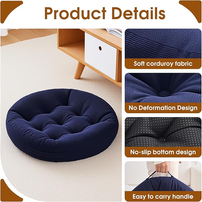 4Pcs Floor Pillows for Adults, Meditation Cushions, Large Round Sitting Cushion Living Room Memory Foam Pillow for Sitting (4, Navy, 22x22x6 Inch)