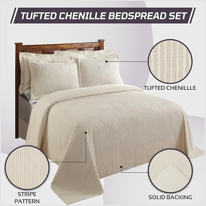 Better Trends Chenille Bedspreads Twin Size, Ivory 100% Cotton Chenille Stripe Design Tufted Bedding Coverlet Soft Lightweight, 96"x110" with 1 PC Sham 2 Pieces Set Jullian Collection