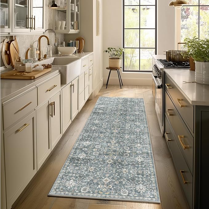 2'x6' Washable Runner Rug Utral Soft Lightweight Vintage Boho Distressed Non-Slip Backing,Low Pile Stain Resistant Farmhouse Rug for High-Traffic Hallway, Kitchen & Laundry