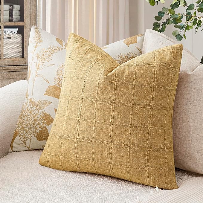 Foindtower Set of 2 Decorative Linen Check Throw Pillow Covers Neutral Farmhouse Vintage Cushion Covers Modern Boho Accent Home Decor for Sofa Chair Couch Bedroom Living Room,26×26 Inch,Amber Gold